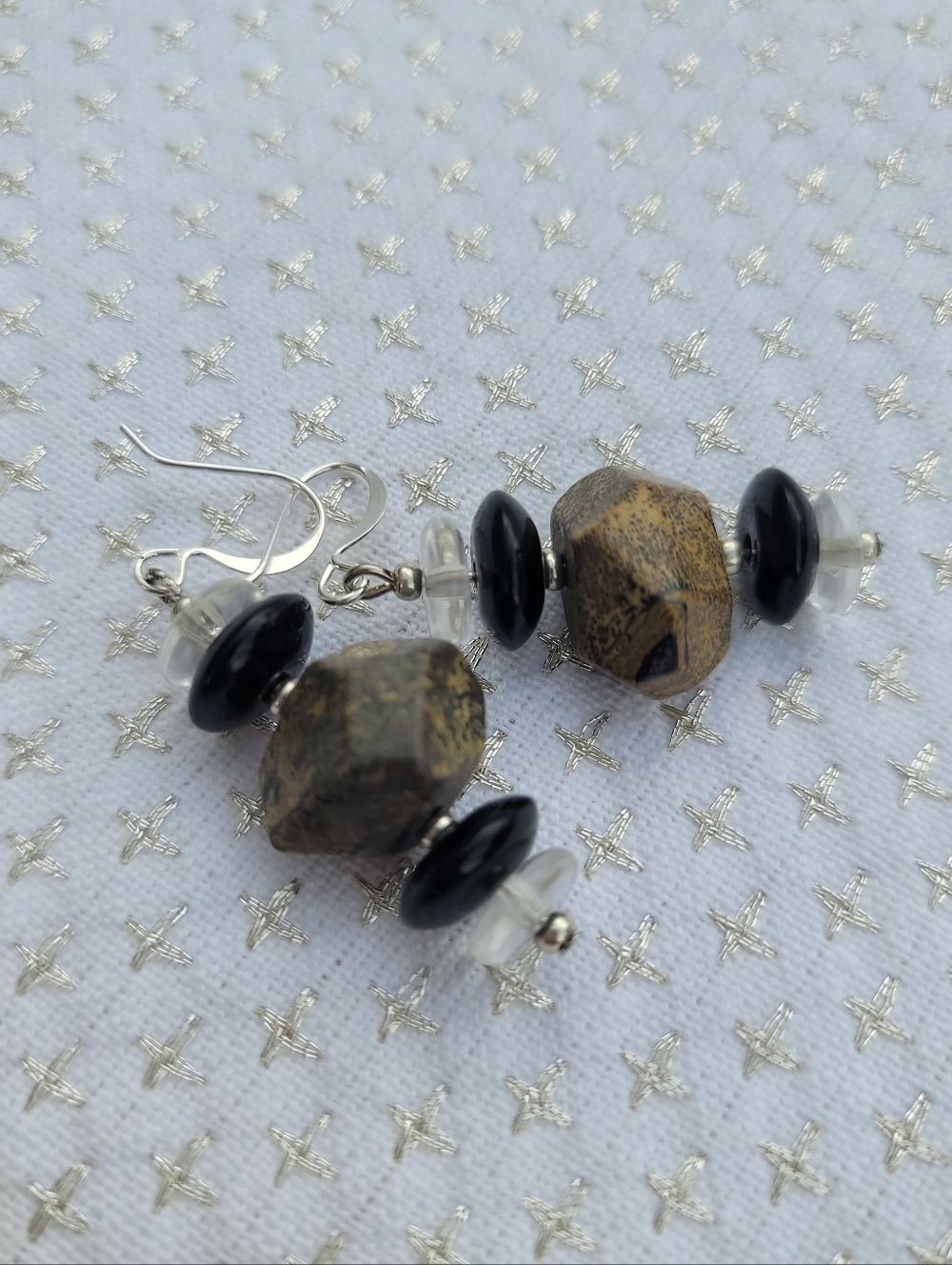 Handmade Natural Stone Beaded Dangle Earrings Black Clear Rustic Minimalist